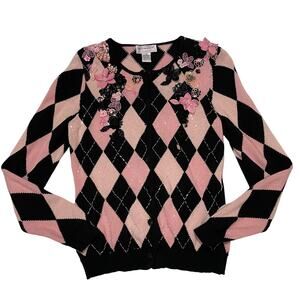 Victor Costa Occasion Embellished Harlequin Cardigan - Black/Pink - XS
